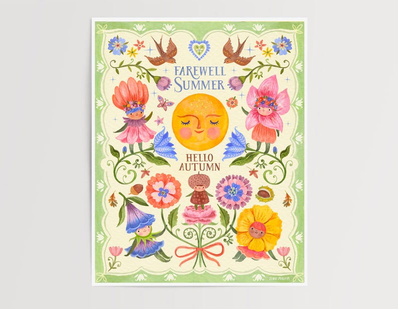 Folk Art Wall Print Whimsical Summer to Autumn, Flower People Birds Sun, Fairytale Sprites Nature Fine Art