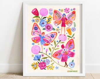 Kunstprint met vlinderfee, speelse decoratie voor een meisjeskamer