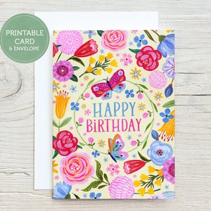 Afdrukbare verjaardagskaart direct downloaden, vlinderbloemen groet, mooie bloemenkaart voor haar