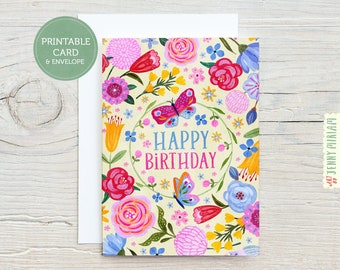 Tarjeta de cumpleaños imprimible Descarga instantánea, saludo de flores de mariposa, tarjeta bastante floral para ella