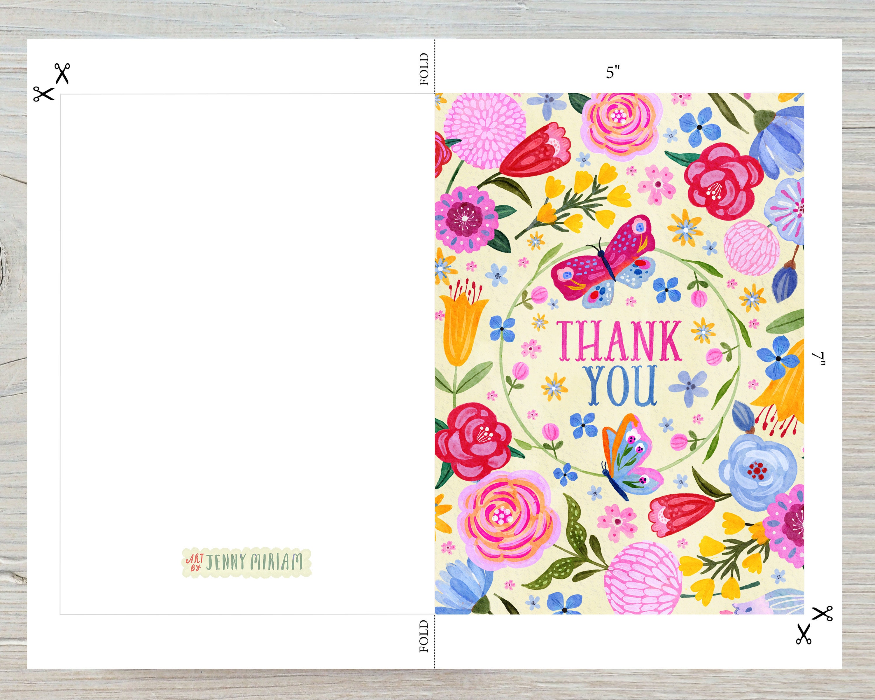 Printable Thank You Card Instant Download, Butterfly Flower Greeting ...