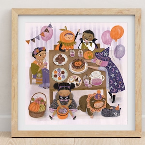 Impression d'art fantaisiste fête d'Halloween pour enfants, illustration de livre pour enfants, célébration de citrouille de chat