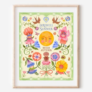 Folk Art Wall Print Whimsical Summer to Autumn, Flower People Birds Sun, Fairytale Sprites Nature Fine Art
