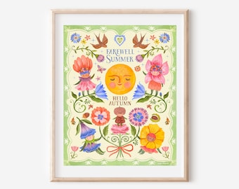Impresión de pared de arte popular: verano caprichoso hasta otoño, gente con flores, pájaros, sol, duendes de cuentos de hadas, naturaleza, bellas artes
