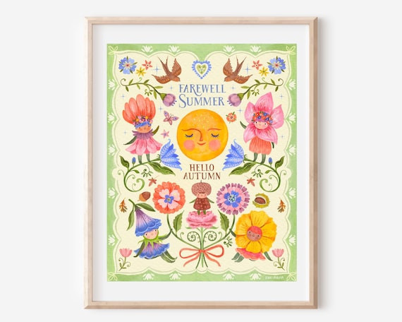 Whimsical Folk Art Autumn Print, Flower People, Birds, Sun