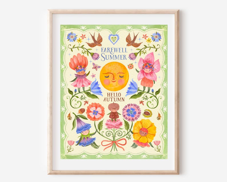Folk Art Wall Print Whimsical Summer to Autumn, Flower People Birds Sun, Fairytale Sprites Nature Fine Art