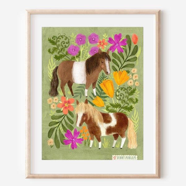 Whimsical Mini Ponies Art Print, Cute Pony Wall Decor,Horse Lover Gift, Sweet animal print