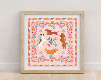 Floral Dogs Art Print, Whimsical Dog Wall Art, Colourful Nursery Decor