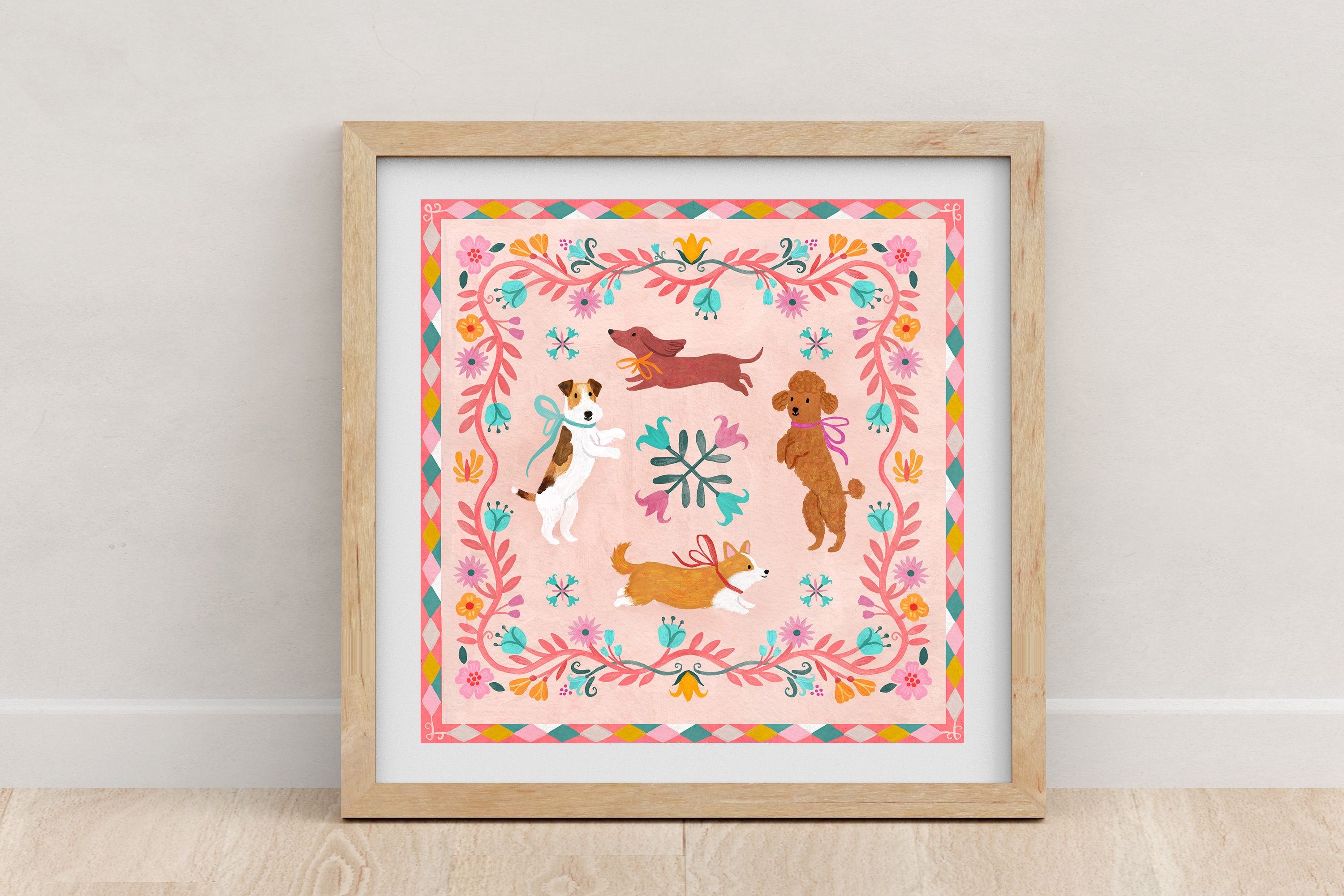 Whimsical Dogs Fine Art Print Cute Pattern Floral Children Nursery Home ...