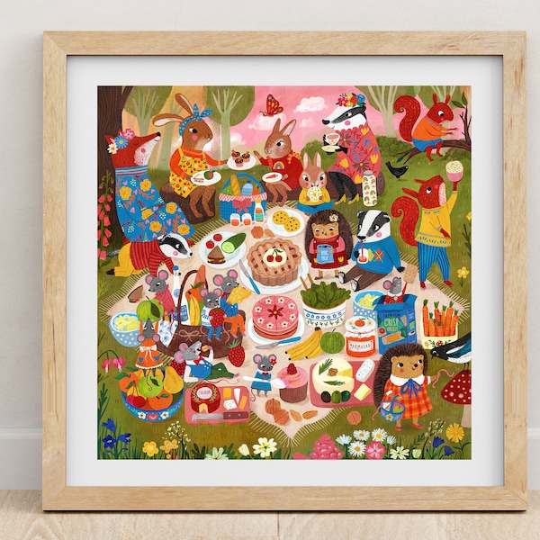 Whimsical Woodland Animal Picnic Fine Art Print, Fairytale Forest Animals Wall Art