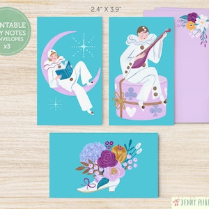 Può includere: Set di tre biglietti da visita stampabili da 2,4" x 3,9" con illustrazioni fantasiose di una persona in costume bianco. Un biglietto mostra la persona seduta su una luna crescente, un altro mostra la persona che suona uno strumento musicale e il terzo mostra un mazzo di fiori in una scarpa bianca.