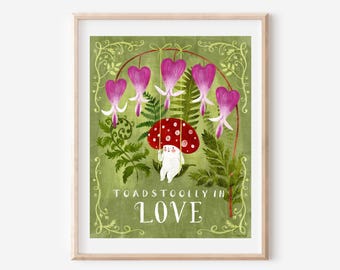 Grafika z grzybem, fantazyjna dekoracja ścienna z grzybem, wystrój Cottagecore