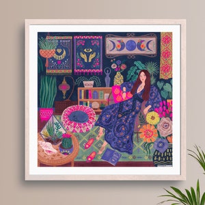 Folk Art Divine Feminine Print, Cat Lover Gift, Spiritual Wall Decor, Plant Goddess Illustration