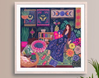 Divine Feminine Art Print, Folk Goddess Wall Art, Botanical Woman Decor