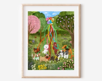 Speelse kunstprint met honden bij de meiboom, een leuk cadeau voor hondenliefhebbers.