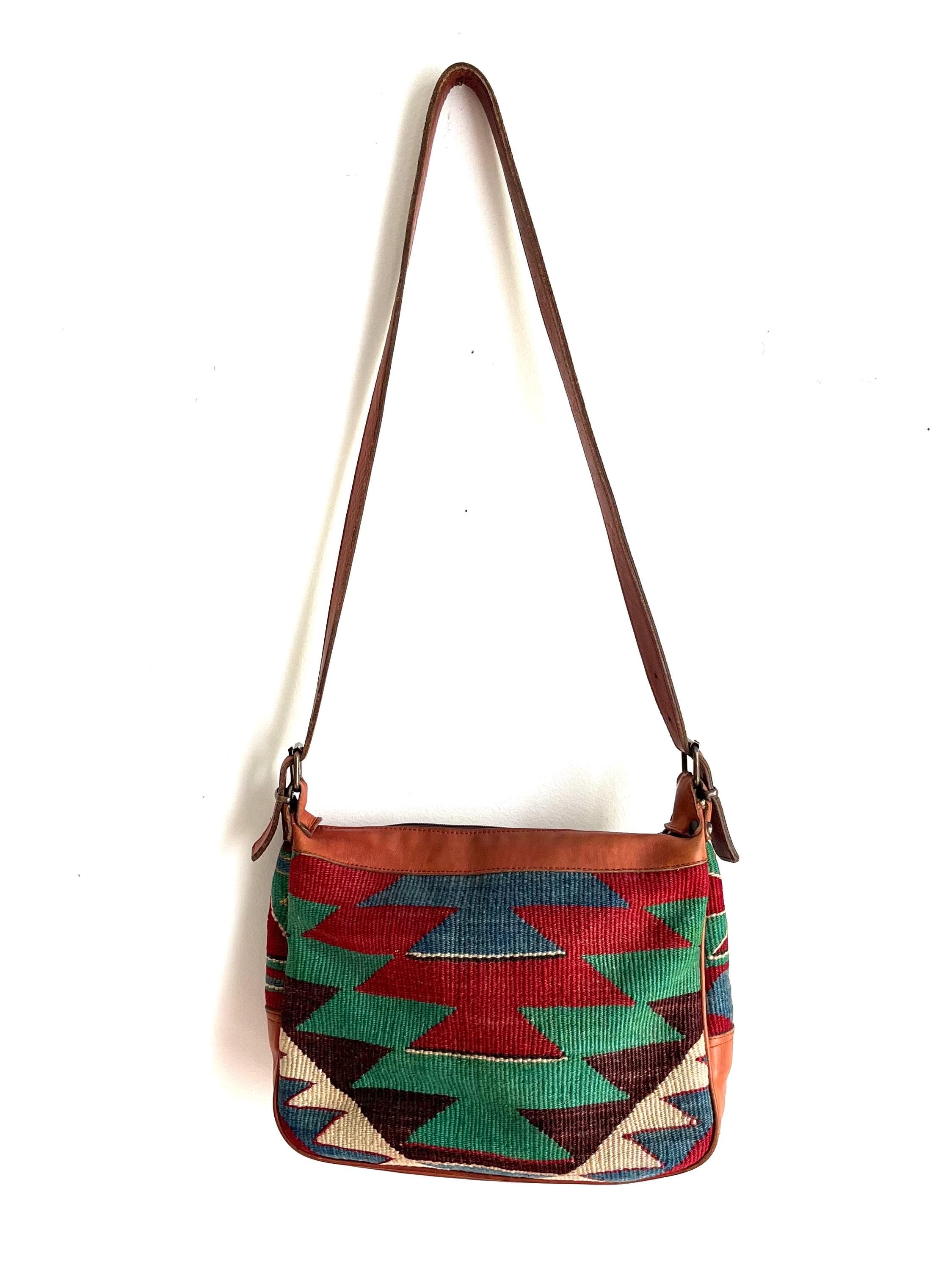 Vintage 80s Turkish Kilim Crossbody: Bohemian Rug Purse