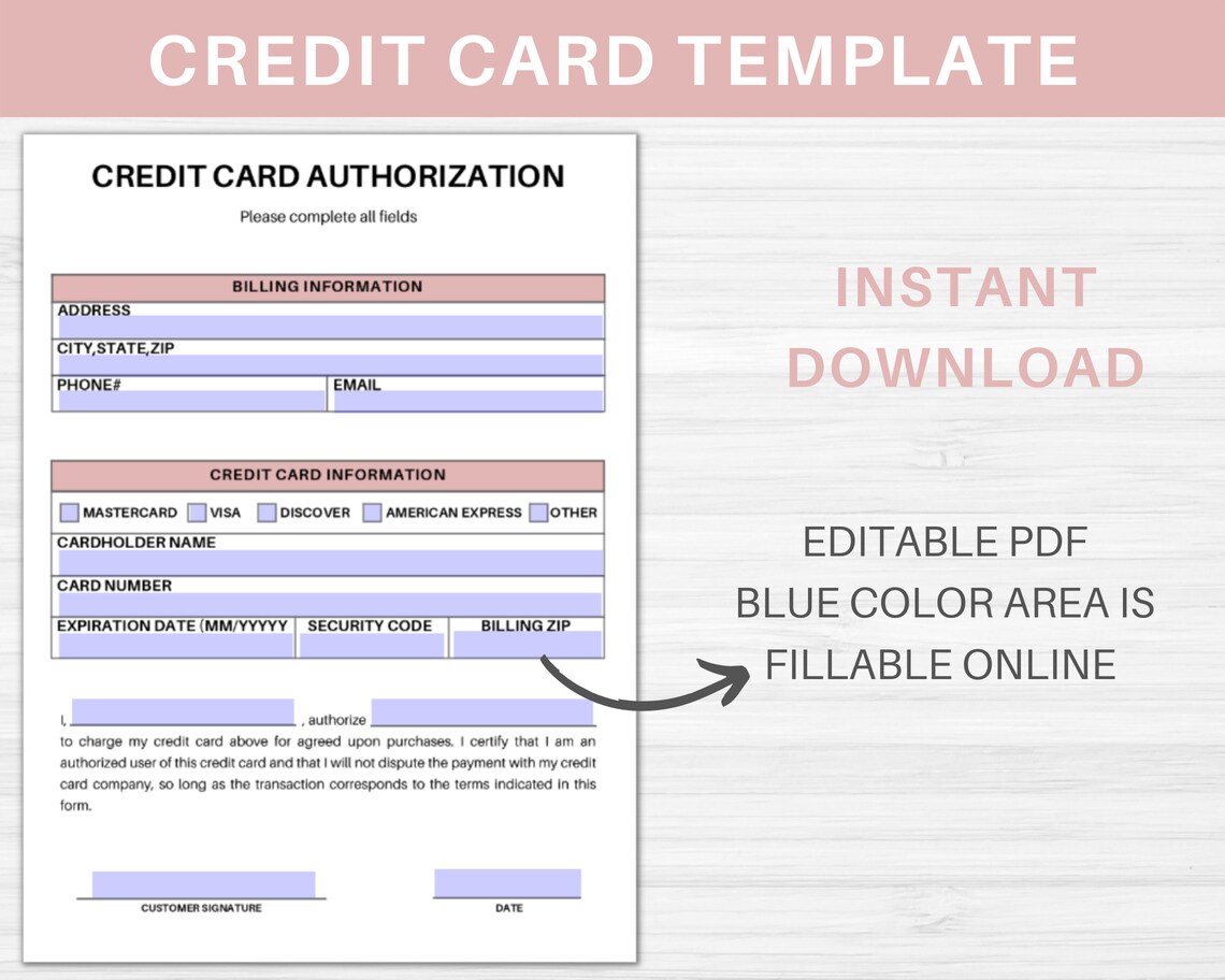 Credit Card Authorization Form Fillable Business Template Etsy