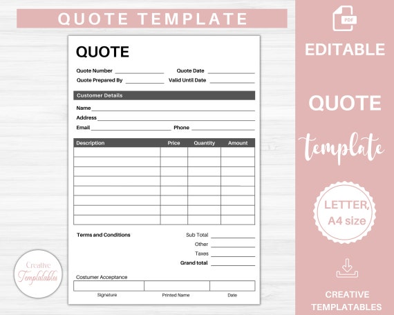 Editable Quote Template Quote Form Job Quote Printable - Etsy