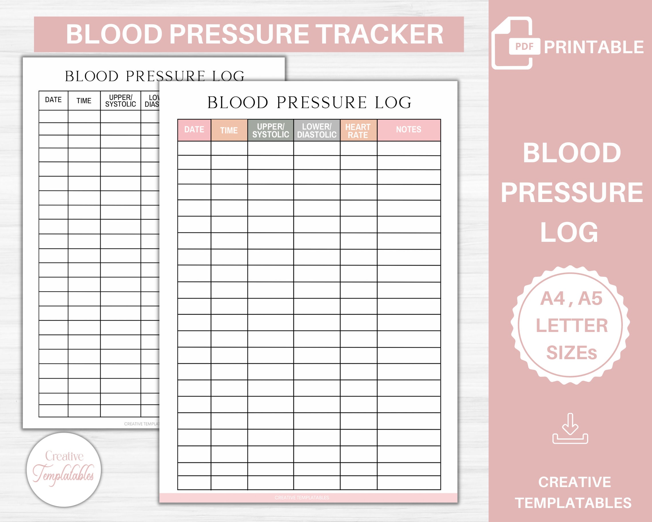 Blood Pressure Log Printable Blood Pressure Tracker Etsy