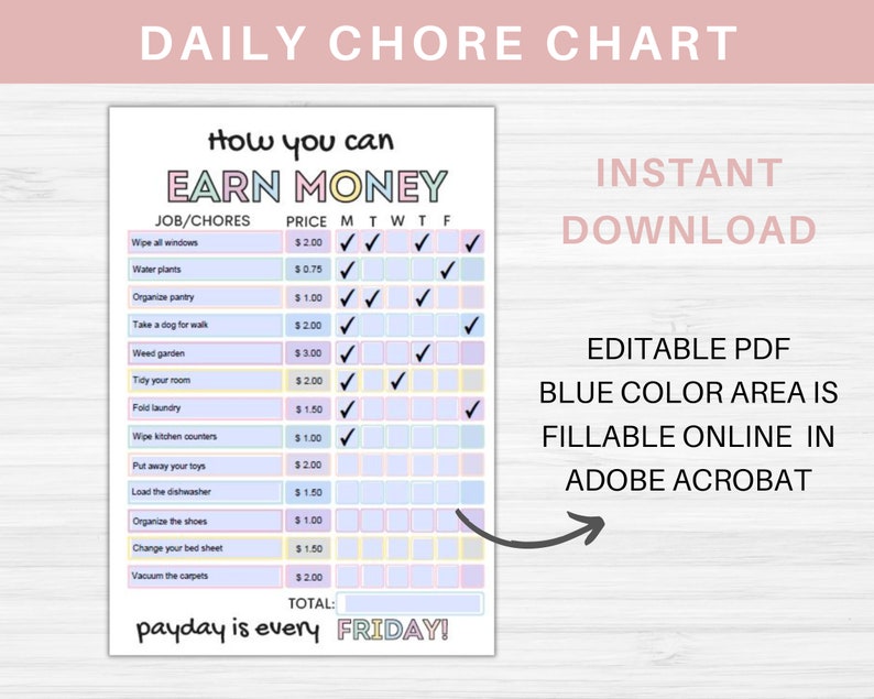 How to Earn Money Chore Chart Editable Allowance Chore Chart - Etsy