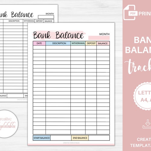 Bank Balance Sheet Printable Saving Tracker Banking Record - Etsy