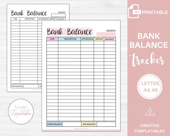 Bank Balance Sheet Printable Saving Tracker Banking Record - Etsy