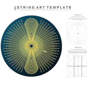 Op de afbeelding: Een string art sjabloon met een blauwe achtergrond en gele draad. Het sjabloon is voor een cirkelvormig ontwerp met een centrale cirkel en stralende lijnen. De afbeelding bevat twee extra sjablonen voor verschillende string art ontwerpen.