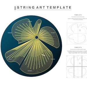 Op de afbeelding: Een string art sjabloon met een blauwe achtergrond en gele lijnen die een bloemvorm vormen. Het sjabloon is verdeeld in vier secties, waarbij elke sectie een ander deel van de bloem laat zien. De tekst "STRING ART TEMPLATE" staat bovenaan de afbeelding.