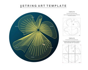 May include: A string art template with a blue background and yellow lines forming a flower shape. The template is divided into four sections, with each section showing a different part of the flower. The text "STRING ART TEMPLATE" is at the top of the image.