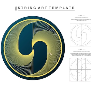 Op de afbeelding: Een string art sjabloon met een geel string ontwerp op een donkerblauwe achtergrond. Het sjabloon is een cirkel met een swirl patroon. De afbeelding bevat ook twee kleinere sjablonen voor het string art ontwerp.