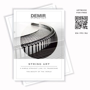 May include: A black and white image of a string art design. The design is a curved line with a series of vertical lines. The text "DEMIR STRING ART" is at the top of the image. The text "STRING ART" is at the bottom of the image. The text "A SIMPLE STRAIGHT LINE TO TRANSCRIBE THE BEAUTY OF THE WORLD" is below the text "STRING ART".