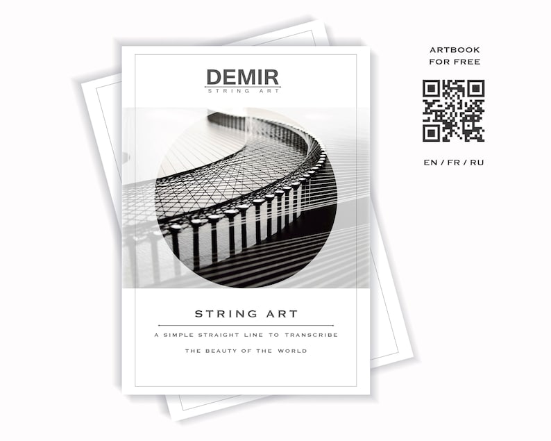 May include: A black and white image of a string art design. The design is a curved line with a series of vertical lines. The text "DEMIR STRING ART" is at the top of the image. The text "STRING ART" is at the bottom of the image. The text "A SIMPLE STRAIGHT LINE TO TRANSCRIBE THE BEAUTY OF THE WORLD" is below the text "STRING ART".