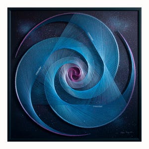 May include: A blue and pink string art piece depicting a spiral galaxy against a dark blue background with white stars. The spiral is created with a series of overlapping circles and lines.