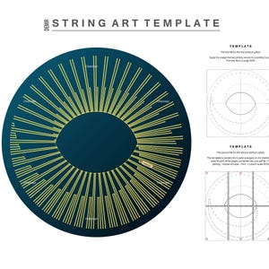 Op de afbeelding: Een string art sjabloon met een blauwe achtergrond en gele lijnen die vanuit het midden stralen. Het sjabloon is voor een cirkelvormig ontwerp met een centraal gat. De afbeelding bevat ook twee extra sjablonen voor string art.
