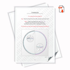 May include: A diagram showing how to thread a board. The diagram shows a circle with a nail in the center. The thread is shown going around the circle and then back to the nail. The text on the page reads "Step 1 Take the thread 1 and tie it with a double knot to the nail 1" and "Step 2 Stretch the thread to the nail 1 (1-1)".