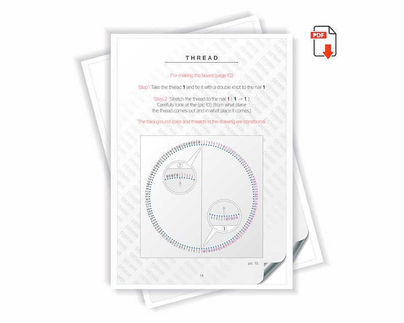 May include: A diagram showing how to thread a board. The diagram shows a circle with a nail in the center. The thread is shown going around the circle and then back to the nail. The text on the page reads "Step 1 Take the thread 1 and tie it with a double knot to the nail 1" and "Step 2 Stretch the thread to the nail 1 (1-1)".