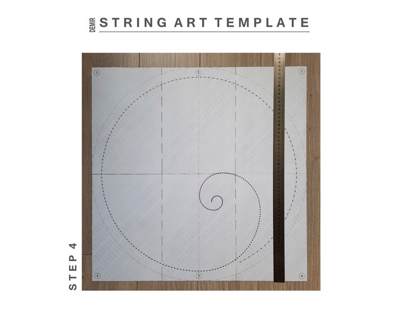 May include: A white sheet of paper with a black and white spiral pattern drawn on it. The paper is divided into four quadrants by lines. The paper is on a wooden surface. The text "STRING ART TEMPLATE" is at the top of the image. The text "STEP 4" is on the left side of the image.
