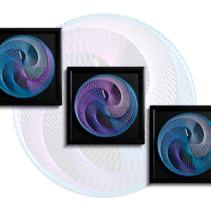 May include: Three framed string art pieces with a swirling blue, purple, and white design. The frames are black and the background is white.