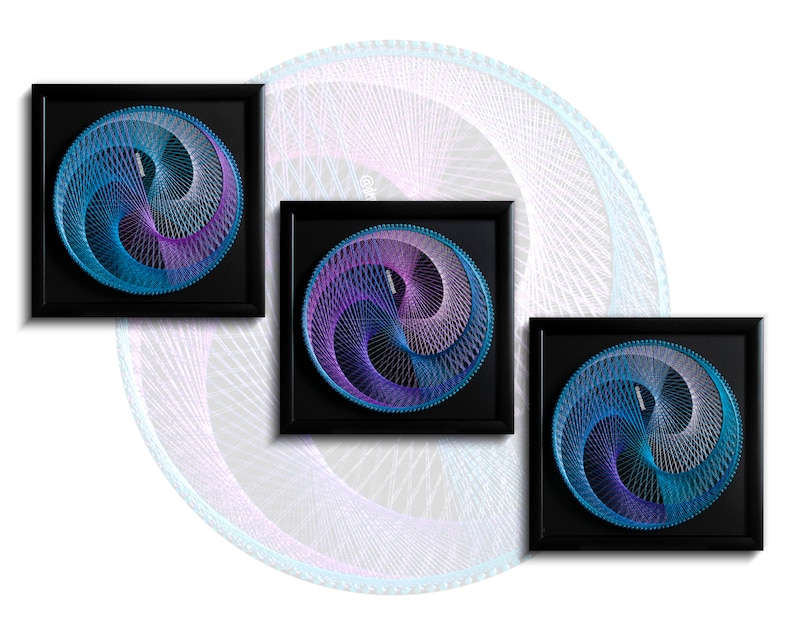 May include: Three framed string art pieces with a swirling blue, purple, and white design. The frames are black and the background is white.