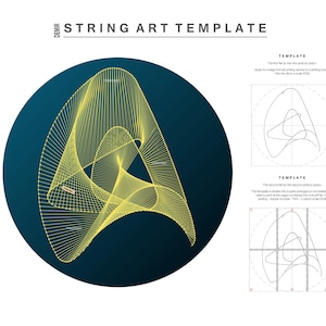 Op de afbeelding: Een string art sjabloon met een geel string ontwerp op een donkerblauwe achtergrond. De sjabloon bevat instructies voor het maken van het ontwerp.