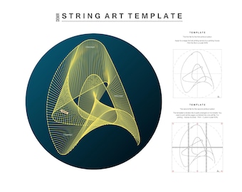 May include: A string art template featuring a yellow string design on a dark blue background. The template provides instructions for creating the design.