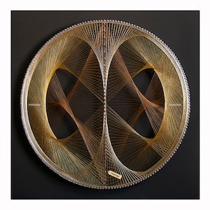 Op de afbeelding: Een cirkelvormig draadkunstwerk met een zilveren frame bekleed met kleine metalen pinnen. Gouden en bronzen draden zijn geweven in complexe geometrische patronen, waardoor twee symmetrische ovale openingen ontstaan op een zwarte achtergrond.