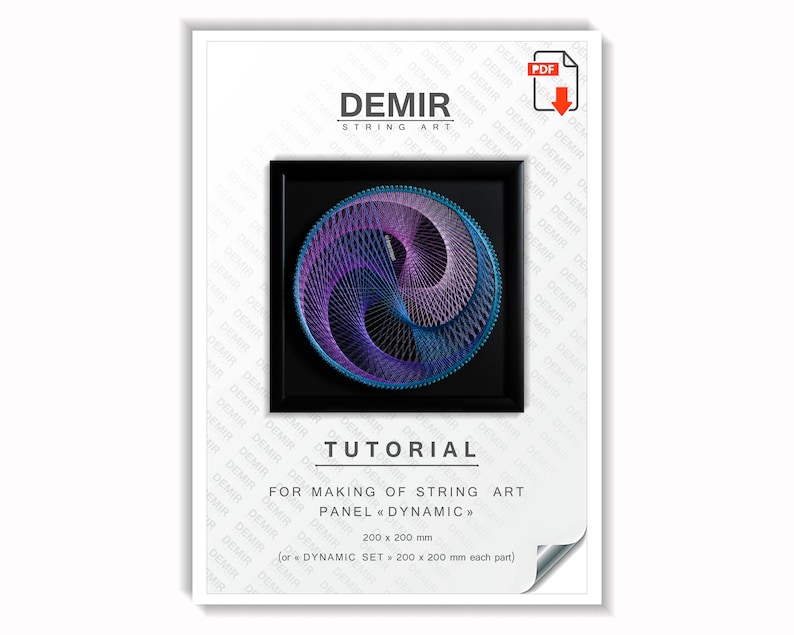 May include: A digital download PDF tutorial for making string art. The tutorial includes instructions for creating a geometric design on a 8-inch by 8-inch panel or a set of two 8-inch by 8-inch panels. The design features a swirling pattern in shades of purple, blue, and teal.