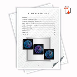 May include: Table of contents for a guide on how to create string art. The guide includes sections on materials, drawing, nails, painting, and different types of thread. The image shows three examples of string art, each with a different design.