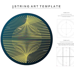 Op de afbeelding: Een string art sjabloon met twee verschillende lay-outs. De eerste lay-out is een cirkel met lijnen die vanuit het midden uitstralen. De tweede lay-out is een vierkant met vier cirkels erin. De tekst "TEMPLATE" staat boven elke lay-out.