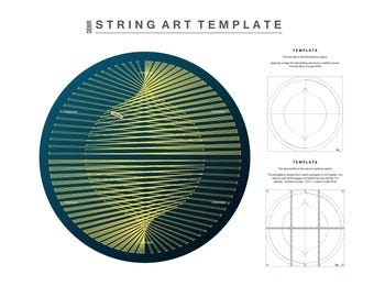 May include: A string art template with two different layouts. The first layout is a circle with lines radiating from the centre. The second layout is a square with four circles inside. The text "TEMPLATE" is written above each layout.