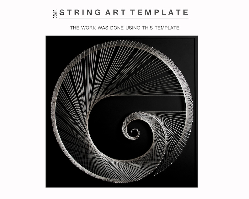 May include: A string art template featuring a spiral design on a black background. The work was done using this template.