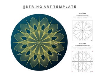 May include: A string art template with a geometric design. The template is a circle with a starburst pattern. The template is in black and white and is ready to be printed.