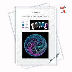 May include: A close-up of a circular design created with thread. The design is a spiral of pink, blue, and teal thread on a black background. The image is labeled "pic B".