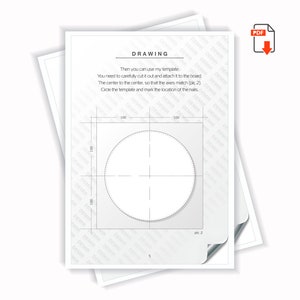 May include: A black and white drawing of a circle with a grid pattern. The drawing is labeled "DRAWING" and includes instructions for using a template to create a circular object. The instructions include the text "Then you can use my template", "You need to carefully cut it out and attach it to the board", "The center to the center, so that the axes match (pic 2)", and "Circle the template and mark the location of the nails."